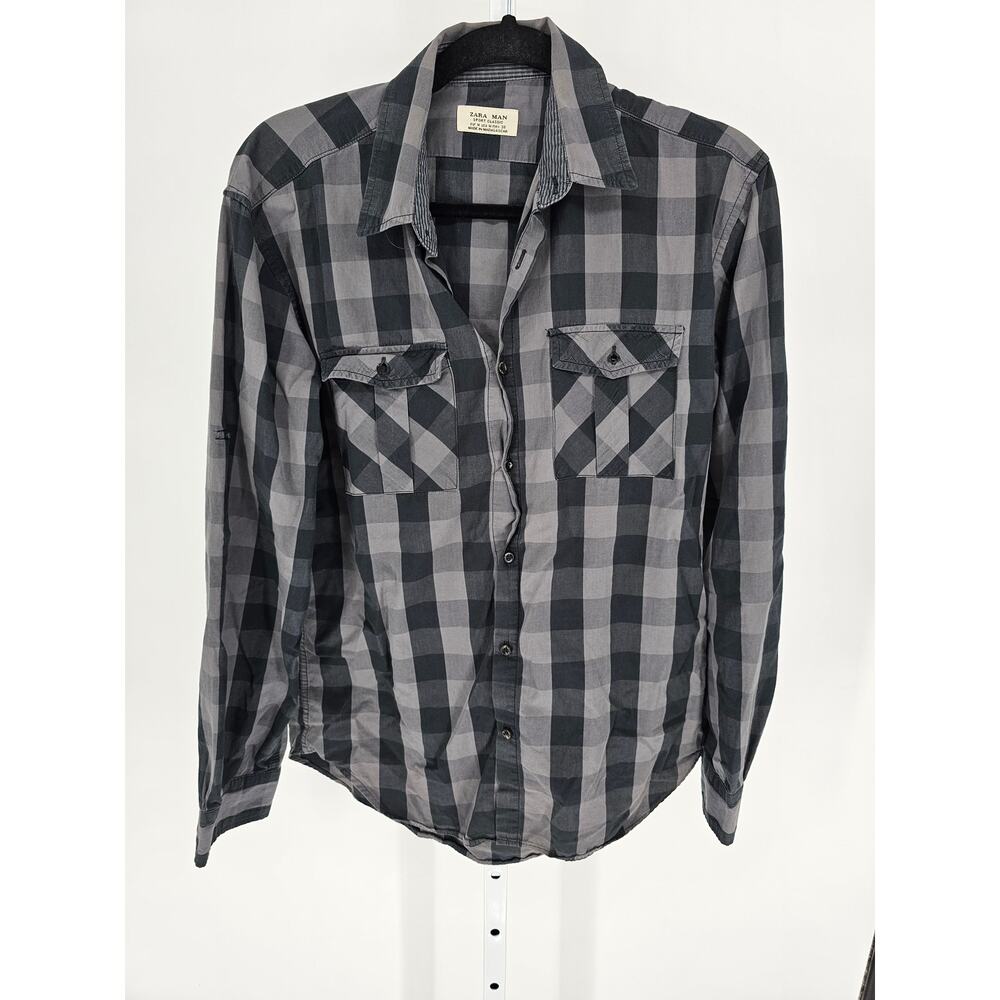 Zara Man Mens M Sport Classic Long Sleeve Dress Shirt Black Gray Buffalo Plaid